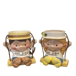 Enesco Boy & Girl on Swing Hanging Planters Here Comes Trouble Vintage